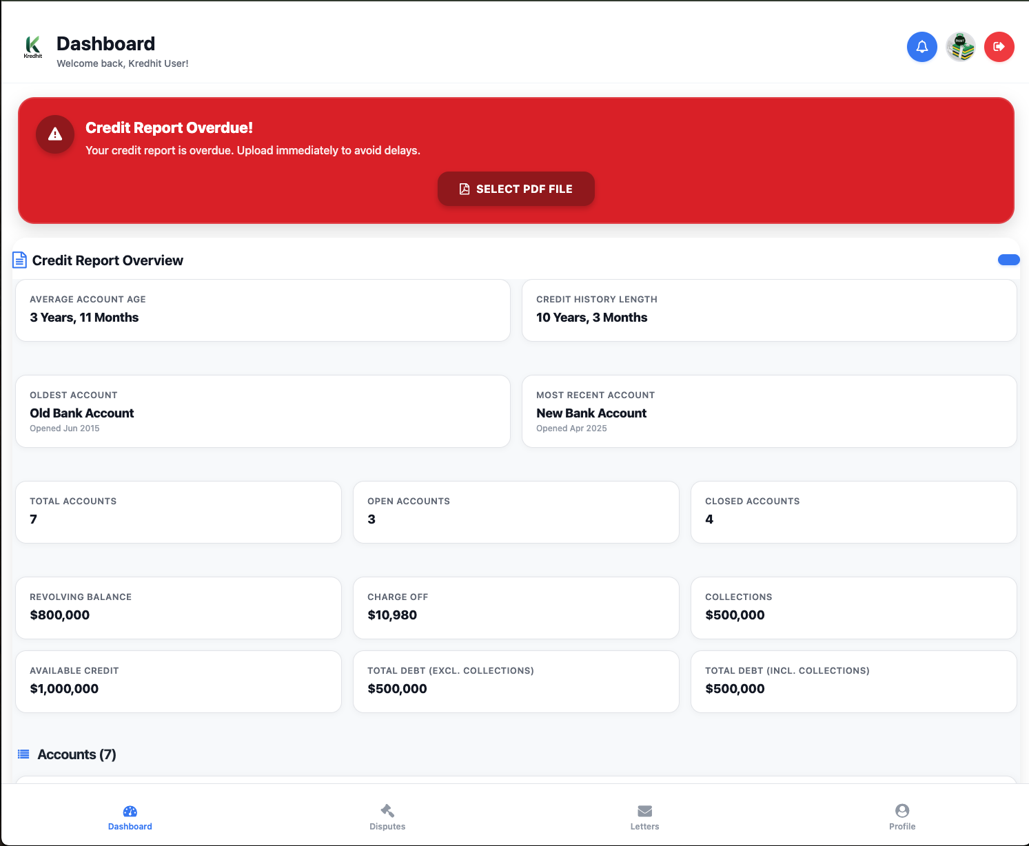 Kredhit app dashboard showing credit report overview and automated dispute features
